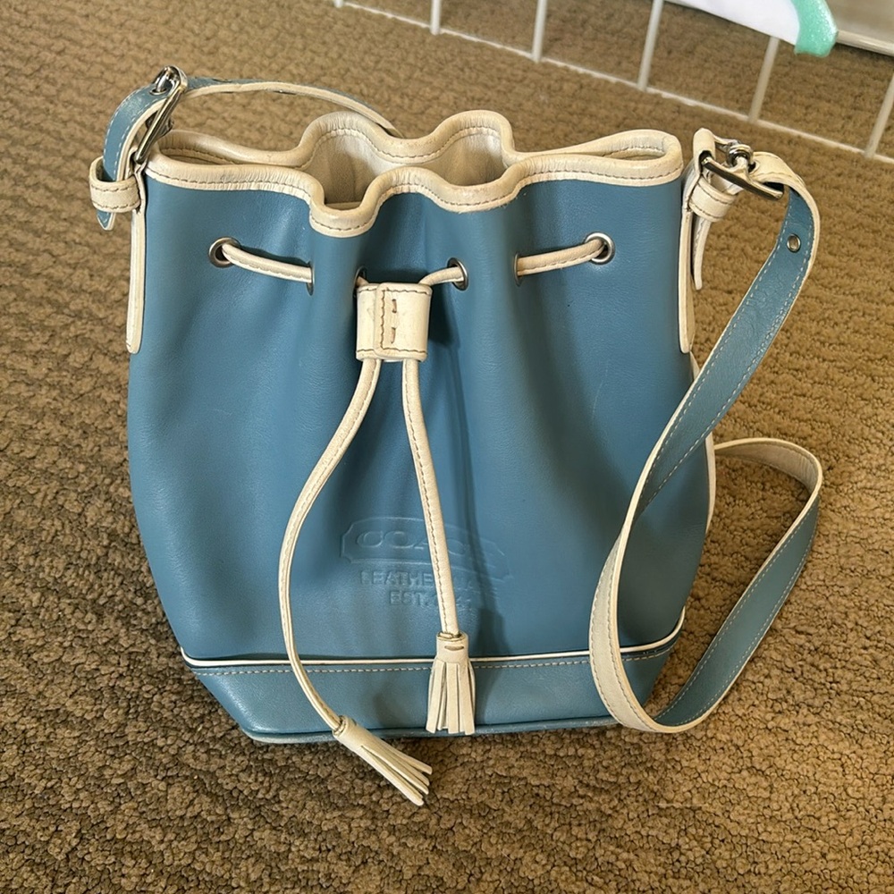Vintage COACH Blue & White Leather Mini Bucket Drawstring Shoulder Bag
